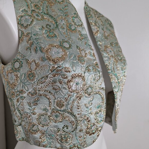 VTG Green Gold Embroidered Brocade Floral Vest Metallic 50s 60s Crop Length - Picture 2 of 6